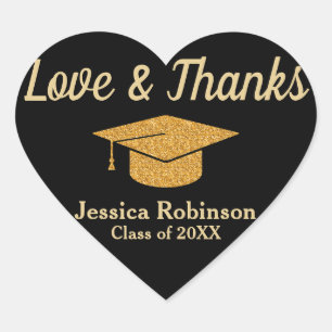 Graduation Love & Thanks Black & Gold Chic Elegant Heart Sticker