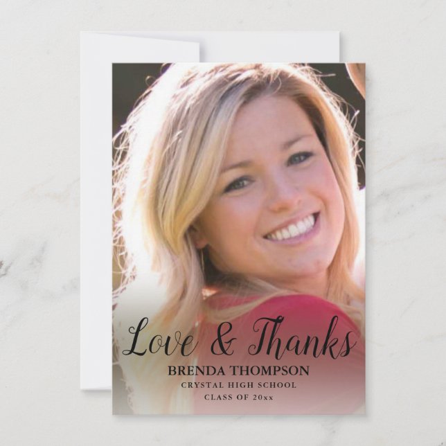 Graduation Love & Thanks Black Script Photo Thank You Card (Front)