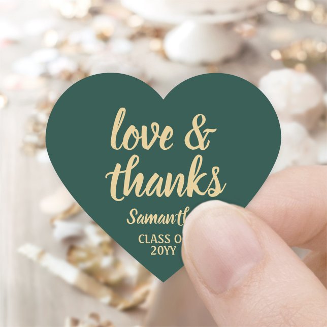 Graduation Love & Thanks Green & Gold Elegant Heart Sticker (Creator Uploaded)
