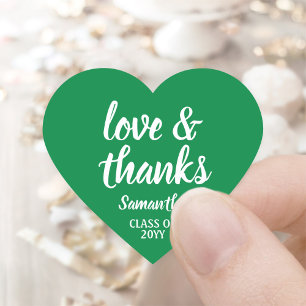 Graduation Love & Thanks Green & White Elegant Heart Sticker