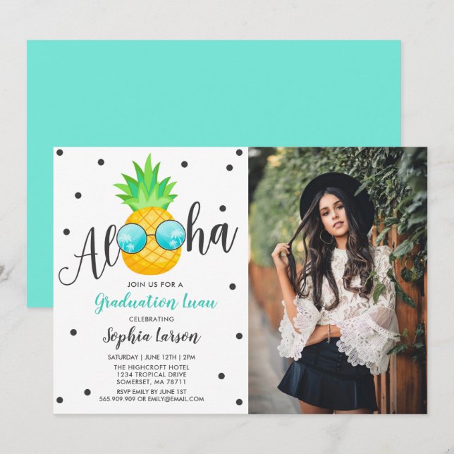 Graduation Luau Party Invitation Pineapple Grad (Front/Back)