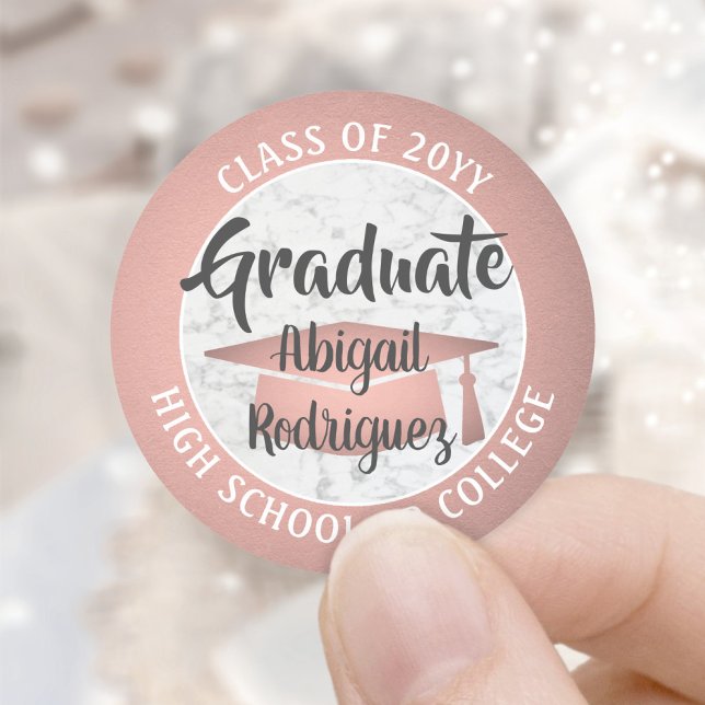 Graduation Marble and Pink Rose Gold Trendy Modern Classic Round Sticker (Creator Uploaded)