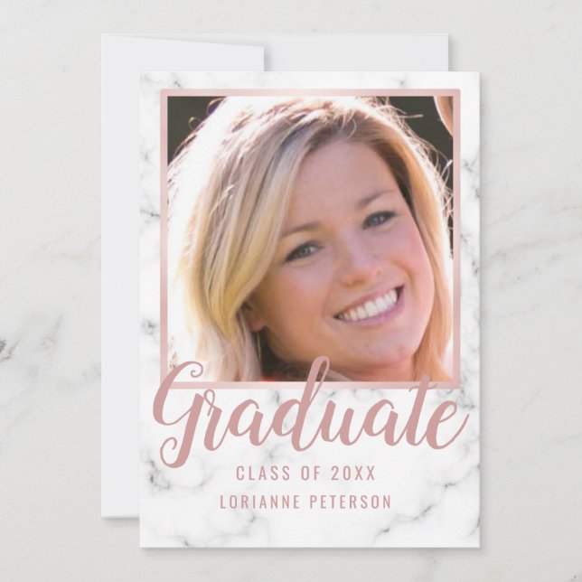 Graduation Marble Rose Gold Photo Pink Script Announcement (Front)
