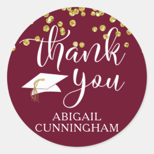 Graduation Maroon Gold Confetti Script THANK YOU Classic Round Sticker