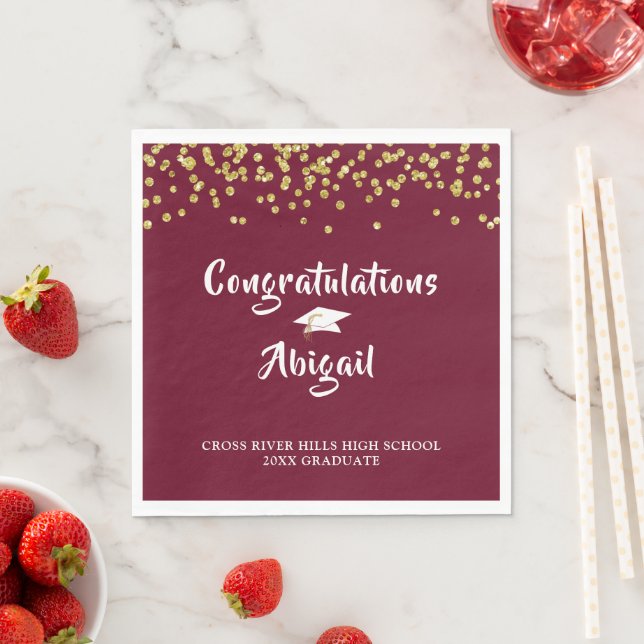Graduation Maroon Gold Glitter Brush Script Napkin (Insitu)