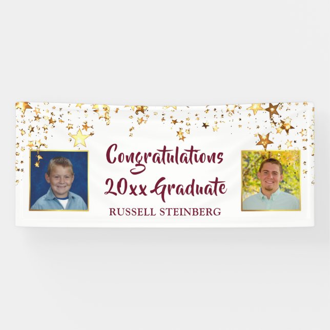 Graduation Maroon Gold Stars Brush Script Photo Banner (Horizontal)