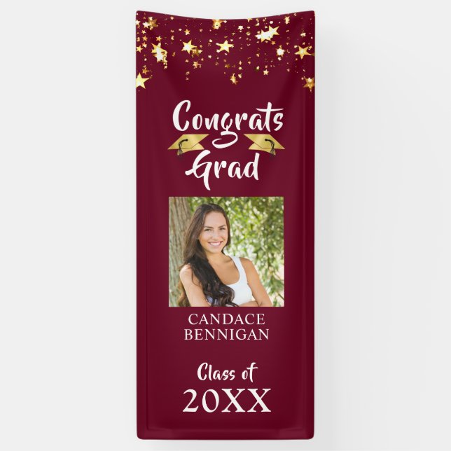 Graduation Maroon Gold Stars Brush Script Photo Banner (Vertical)