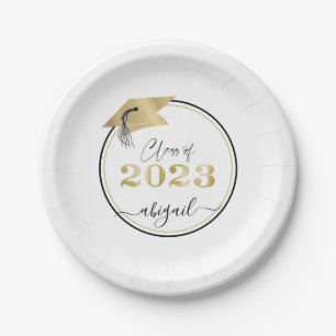 Graduation Metallic Gold Cap Script Class of 2022 Paper Plate