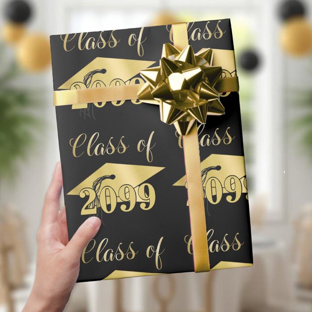Graduation Metallic Gold Class Year Editable Black Wrapping Paper (Creator Uploaded)