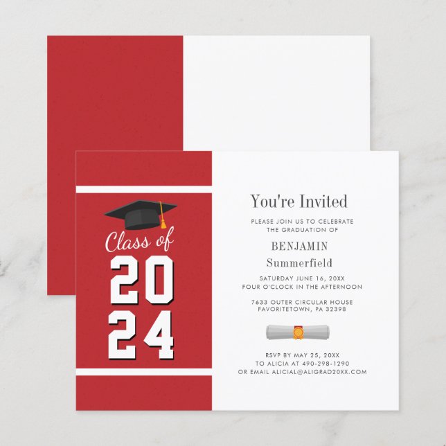 Graduation Minimal Red White Party Invitation (Front/Back)