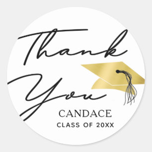 Graduation Minimalist Script Gold Cap THANK YOU Classic Round Sticker