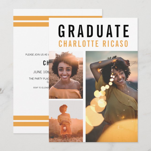 Graduation Modern 3 Photo Collage Personalised Invitation (Front/Back)