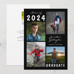 Graduation Modern 5 Photo Script Black White Announcement