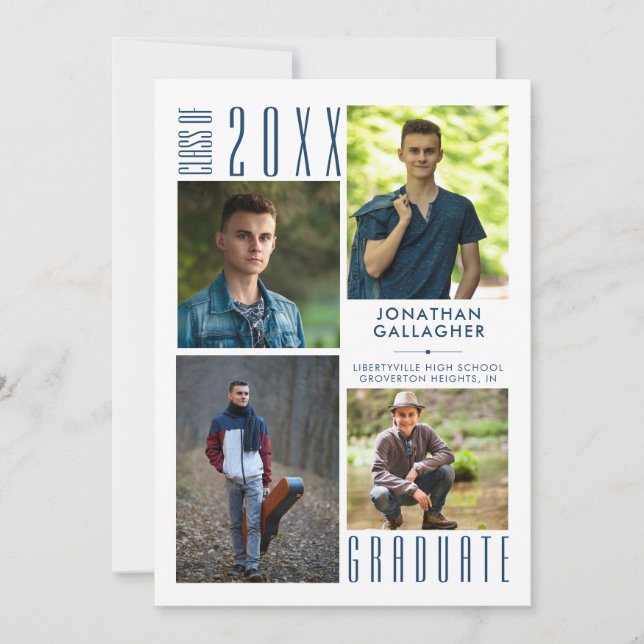 Graduation Modern Blue 5 Photo Collage Announcement (Front)