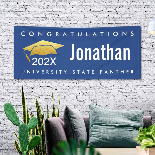 Graduation Modern Bold Simple Gold Cap Navy Blue Banner (Creator Uploaded)