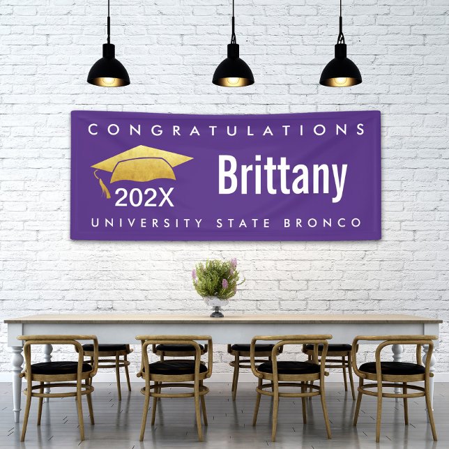 Graduation Modern Bold Simple Gold Cap on Purple Banner (Creator Uploaded)