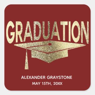 Graduation Modern Elegant Faux Gold Red Square Sticker