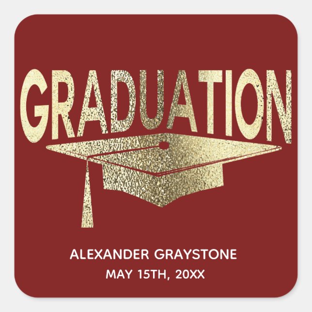 Graduation Modern Elegant Faux Gold Red Square Sticker (Front)