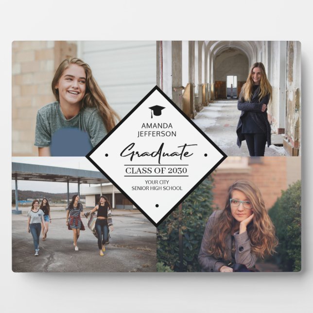 Graduation modern elegant script 4 photo collage plaque (Front)