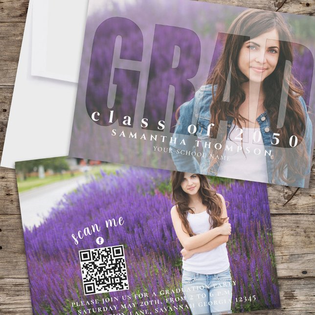 Graduation Modern Grad Typography 2 Photo QR Code Invitation (Creative graduation photo invitation with "GRAD" Typography photo overlay. )