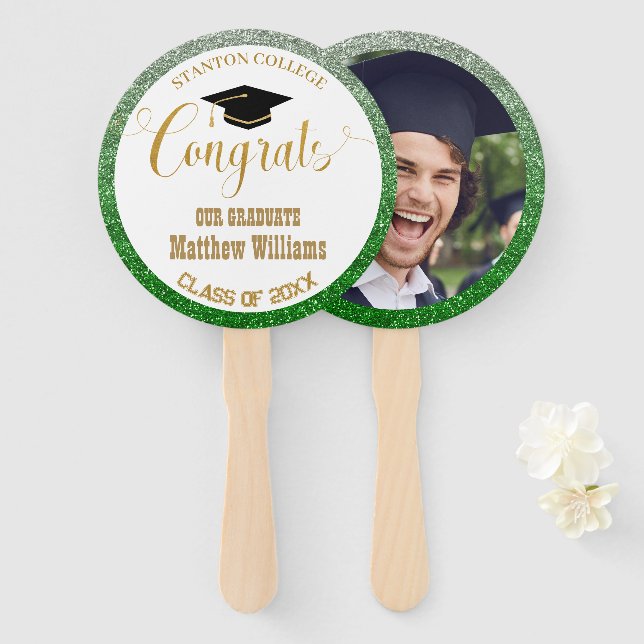 Graduation Modern Green and Gold Graduate Photo Hand Fan (Front and Back)
