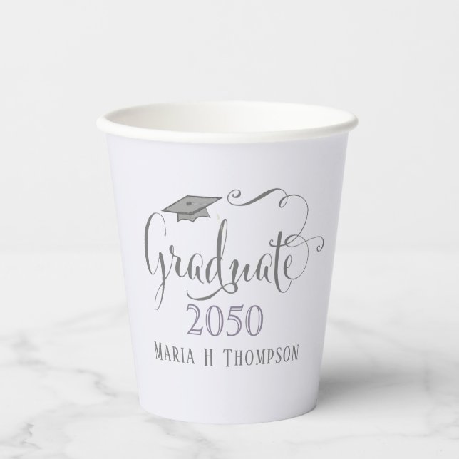 Graduation Modern Minimal Mortarboard Purple Paper Cups (Front)