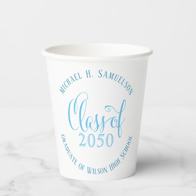 Graduation Modern Minimalist Script Class Of Blue Paper Cups (Front)