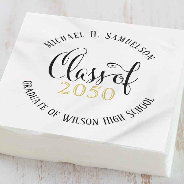 Graduation Modern Minimalist Script Gold Black Napkin (Creator Uploaded)