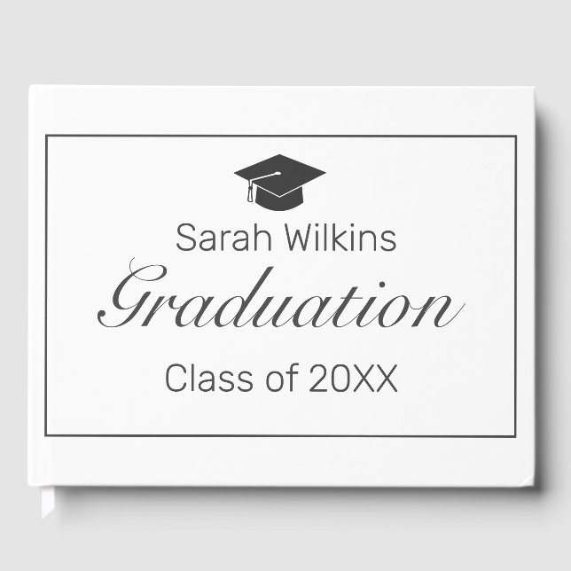 Graduation Modern Minimalist White Black Guest Book (Front)