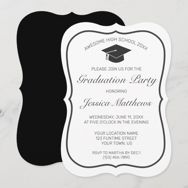 Graduation Modern Minimalist White Black Invitation (Front/Back)