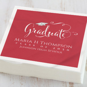 Graduation Modern Mortarboard Script Cardinal Red Napkin