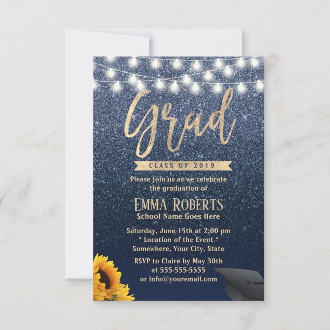 Graduation Modern Navy Blue Glitter Sunflower Invitation (Front)