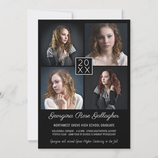 Graduation Modern Photo Collage Simple Grad Black Announcement (Front)