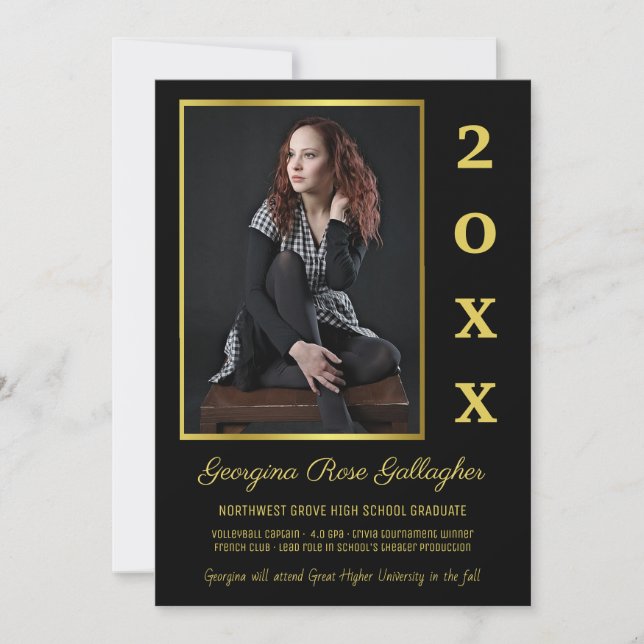 Graduation Modern Photo Simple Grad Gold Black Announcement (Front)