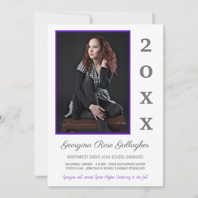 Graduation Modern Photo Simple Grad Year Purple Announcement (Front)
