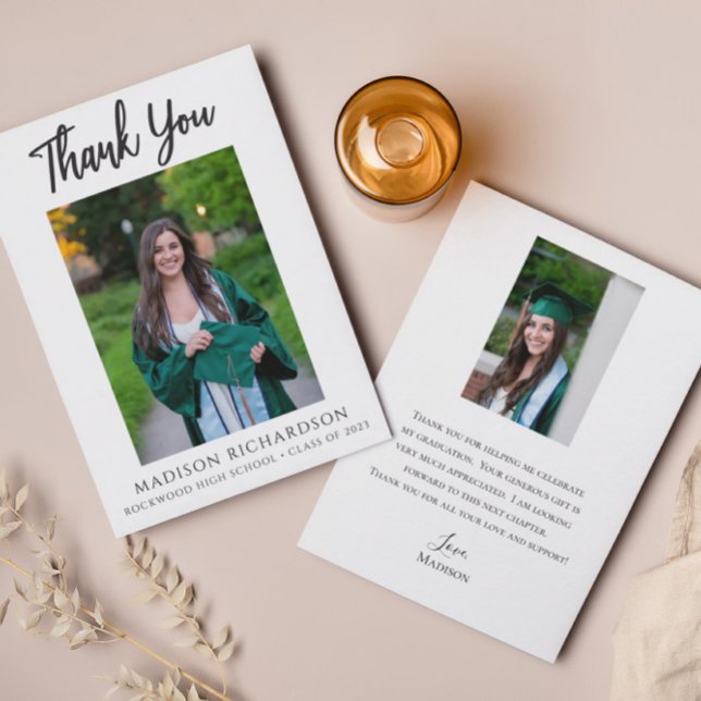 Graduation Modern Script 2 Photo Thank You Card (Creator Uploaded)