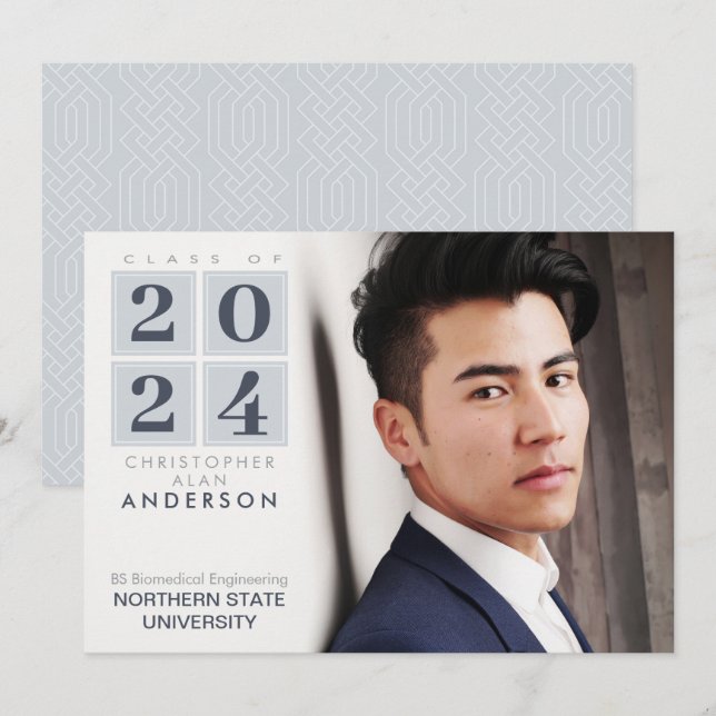 Graduation | Modern Squares Grey & Navy Photo Invitation (Front/Back)
