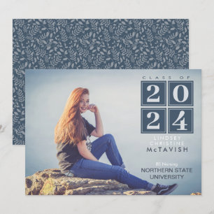 Graduation Modern Squares Navy Blue Photo Invitation