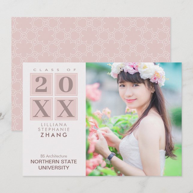 Graduation | Modern Squares Pink Blush Photo Invitation (Front/Back)