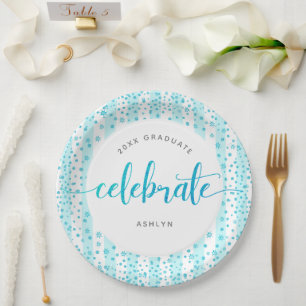 Graduation modern turquoise glitter script dots paper plate
