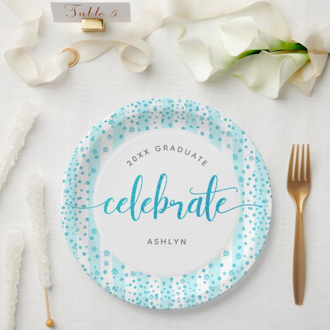 Graduation modern turquoise glitter script dots paper plate (Wedding)