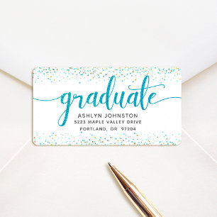 Graduation modern turquoise script custom address label