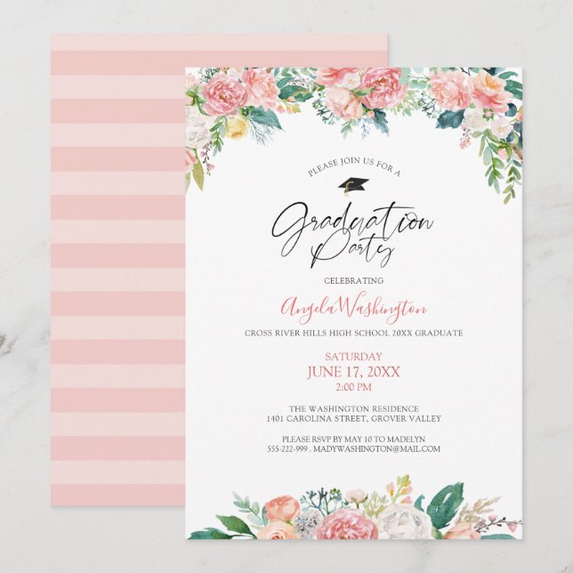 Graduation Modern Watercolor Blush Floral Script Invitation (Front/Back)