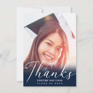 Graduation Modern White Script Photo Blue Thank You Card