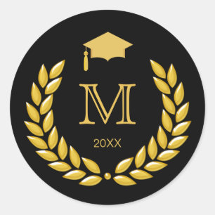 Graduation Monogram Gold Laurel on Black Classic Round Sticker