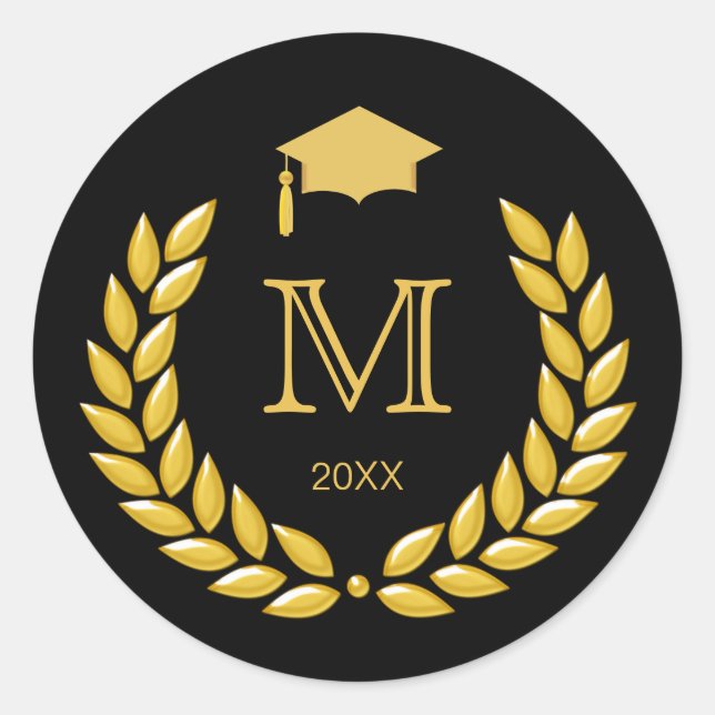 Graduation Monogram Gold Laurel on Black Classic Round Sticker (Front)