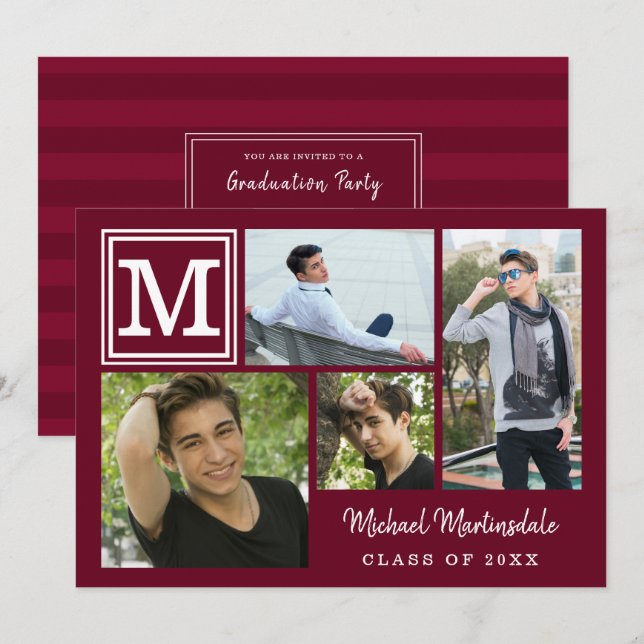Graduation Monogram Photo Collage Burgundy Maroon Invitation (Front/Back)