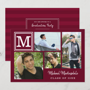 Graduation Monogram Photo Collage Burgundy Maroon Invitation