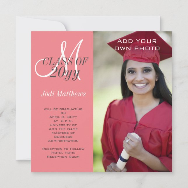 Graduation Monogram Photo Coral Pink Invitation (Front)