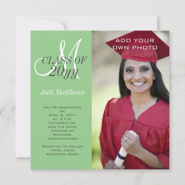 Graduation Monogram Photo Green Invitation (Front)